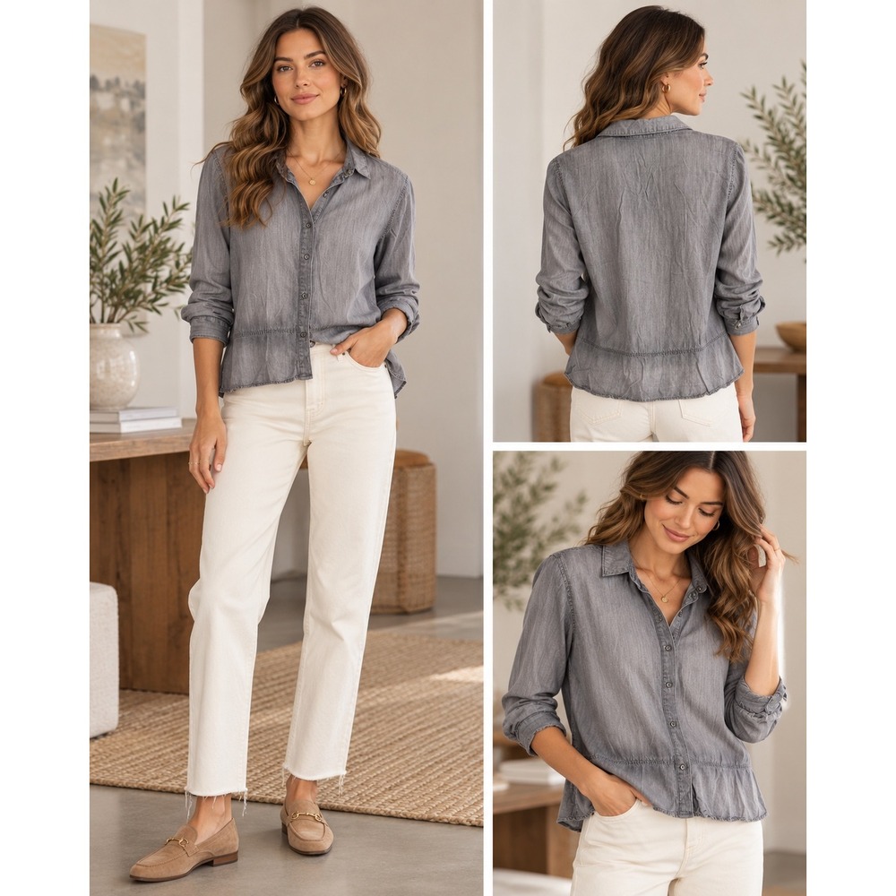 Cloth & Stone Anthropologie Gray Tencel Button Down Shirt Small Coastal Casual